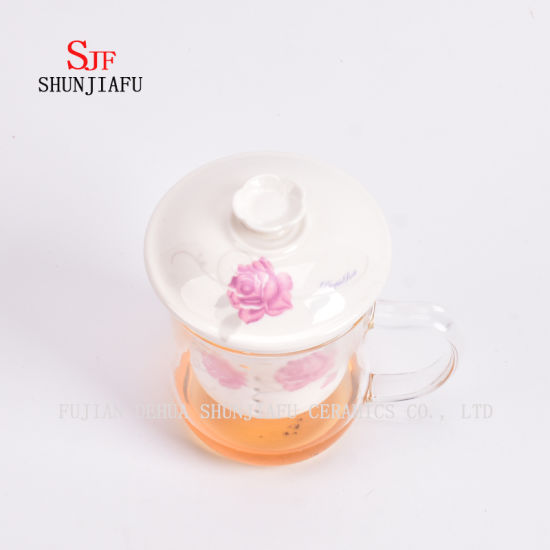 Taza de flores de vidrio resistente al calor Filtro de revestimiento de cerámica en tazas transparentes de oficina cubiertas, 400 ml