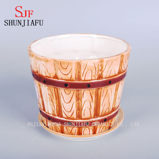 Maceta de 3 tamaños en forma de barril con platillos adjuntos Macetas de cerámica