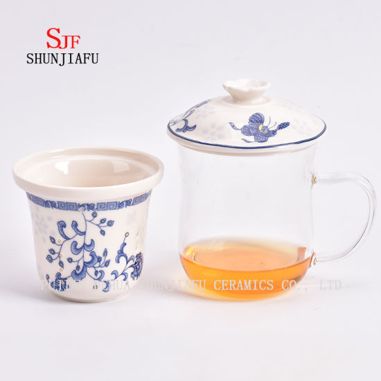Taza de té de flores para oficina y hogar, filtro de cerámica y taza de vidrio de borosilicato, tazas de té de vidrio con tapa