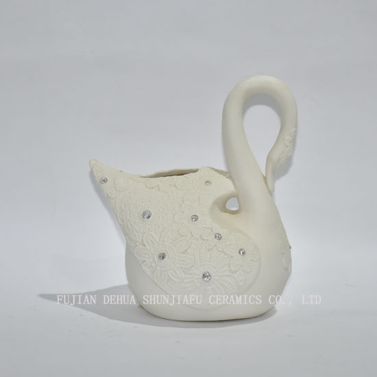Banco de cisne de cerámica con cristal artificial, es un regalo único perfecto, decoración de guardería, recuerdo, hucha para niños, blanco