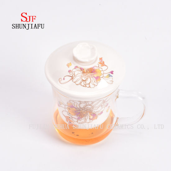Taza de té de flores de vidrio de filtro de cerámica 400ml