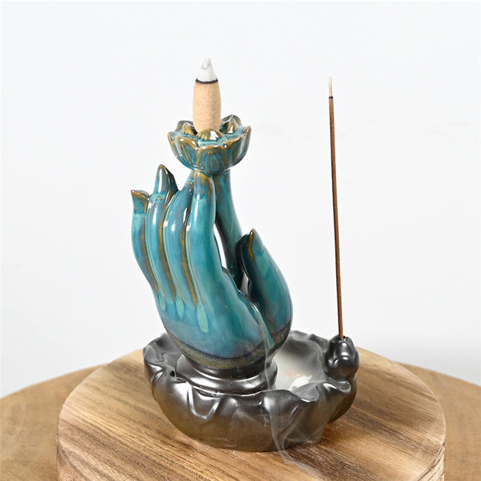 Ceramic Buddha Hands Azul Backflow Inciense Quemador
