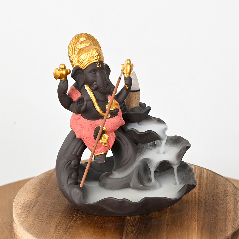 Quemador de incienso de reflujo de cascada de Ganesha rojo de cerámica