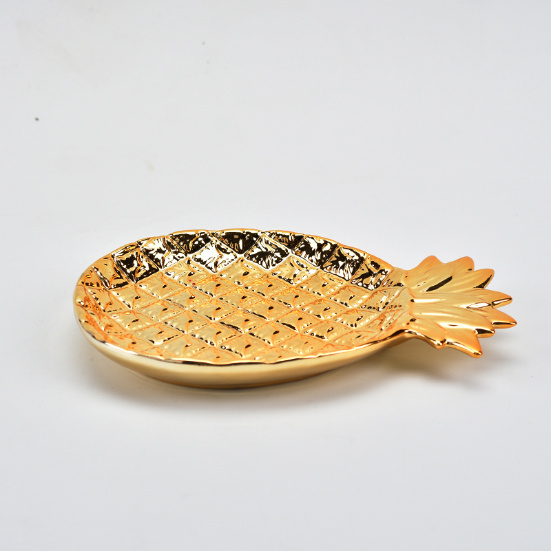 Bandeja de joyería de cerámica de diseño de oro de la piña de gallo electrochlate