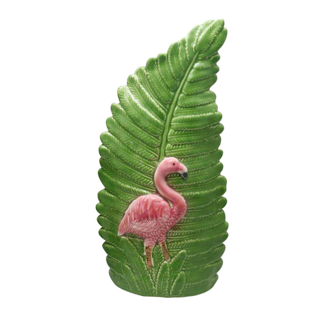 Florero de hoja de cerámica verde Florero de flamenco rosado en relieve