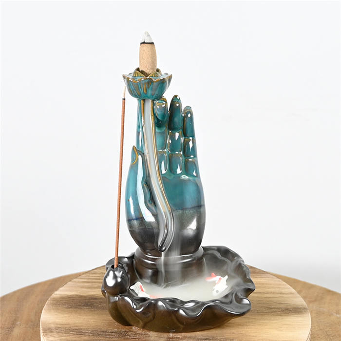 Ceramic Buddha Hands Azul Backflow Inciense Quemador
