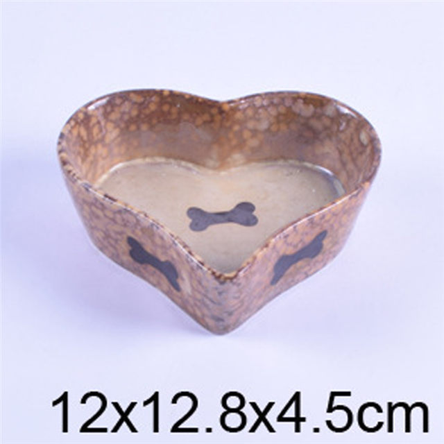 Cuenco en forma de corazón marrón Cuadro de hueso impreso Alimentador de cerámica para mascotas Cuenco de cerámica para perro