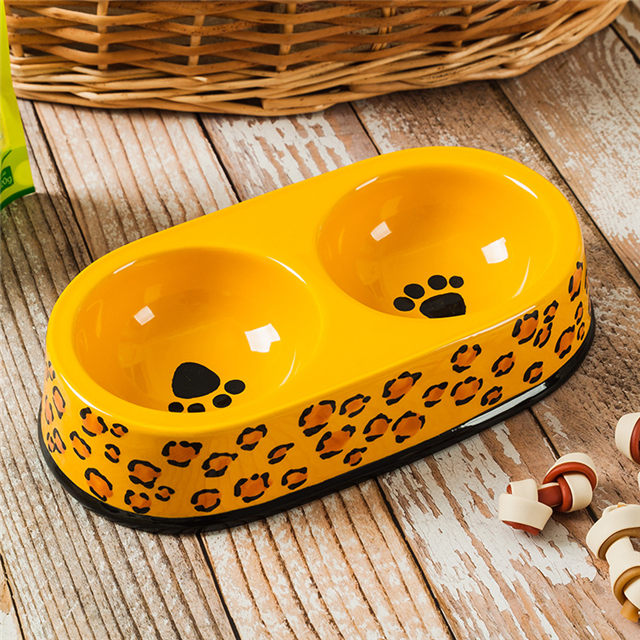 Círculo negro Borde Tazón Impresión inferior Pie de perro Circular Pie de perro Amarillo Cerámica Doble cuenco Integración Cuenco de perro Cerámica Alimentador de mascotas